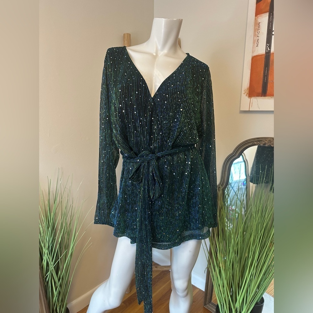 Bloomchic Sequin Mesh Lantern Sleeve Wrap Belted Striped Blouse  NWT 18-20